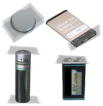 Four types of batteries, button, cell phone, AA and 9 volt